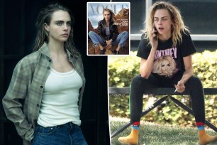 Cara Delevingne poses in white tank and flannel, split with the model photographed at Van Nuys Airport, as well as an inset of her Vogue cover