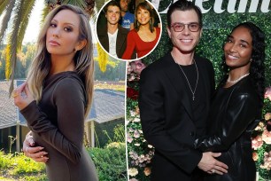 Cheryl Burke wears brown dress, split with Matthew Lawrence smiling in a black outfit beside Rozonda "Chilli" Thomas, as well as the former couple sitting together