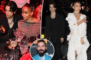 FKA Twigs smiles sitting beside Jordan Hemingway, split with the couple walking, as well as an inset of Shia LaBeouf in a blue suit