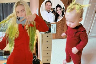 Grimes snaps selfie in red, split with pic of her daughter, as well as an inset of the singer with Elon Musk