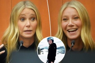 Gwyneth Paltrow in court, with an inset of her skiing