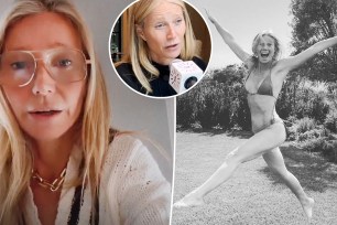 Gwyneth Paltrow wears glasses, split with the actress jumping in a bikini, as well as an inset of her speaking into a microphone