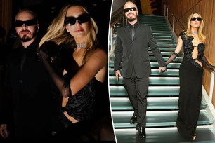 Composite image showing latin superstar J Balvin holding hands with his longtime girlfriend Valentina Ferrer, as they both wear black tie, plus another shot of the blonde wearing black sunglasses.