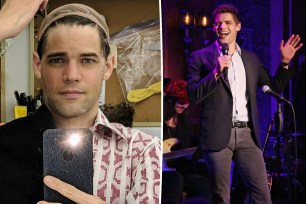 Jeremy Jordan in makeup chair split with him singing.