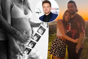 Sonni Pacheco shows baby bump, split with the artist hugging Nathan Thompson, as well as an inset of Jeremy Renner in a suit
