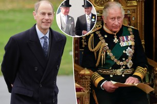 Prince Edward smiles in suit, split with King Charles III seated in uniform, as well as an inset of the brothers in top hats