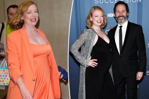 Sarah Snook shows baby bump in orange, split with the actress on red carpet with Dave Lawson