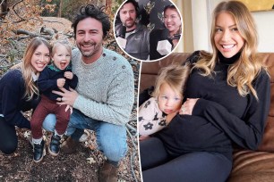 Stassi Schroeder and Beau Clark kneel with daughter Hartford, split with the ex reality cradling her baby bump, as well as an inset of the couple recording their podcast
