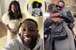 zaya wade and dwayne wade posing for a selfie and a picture of zaya wade's signed magazine cover and zaya and dwayne wade hugging
