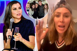 Heather Dubrow holds champagne glass, split with Kelly Dodd ranting in baseball cap, as well as Dubrow with her four kids