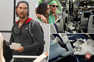 Matthew McConaughey walks with backpack, split with Lufthansa flight photos, as well as an inset of the actor and Camila Alves wearing green