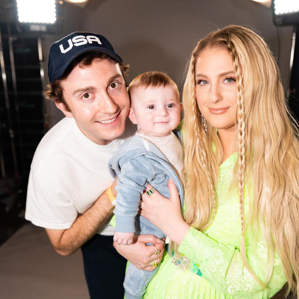 Meghan Trainor and Daryl Sabara hold son Riley