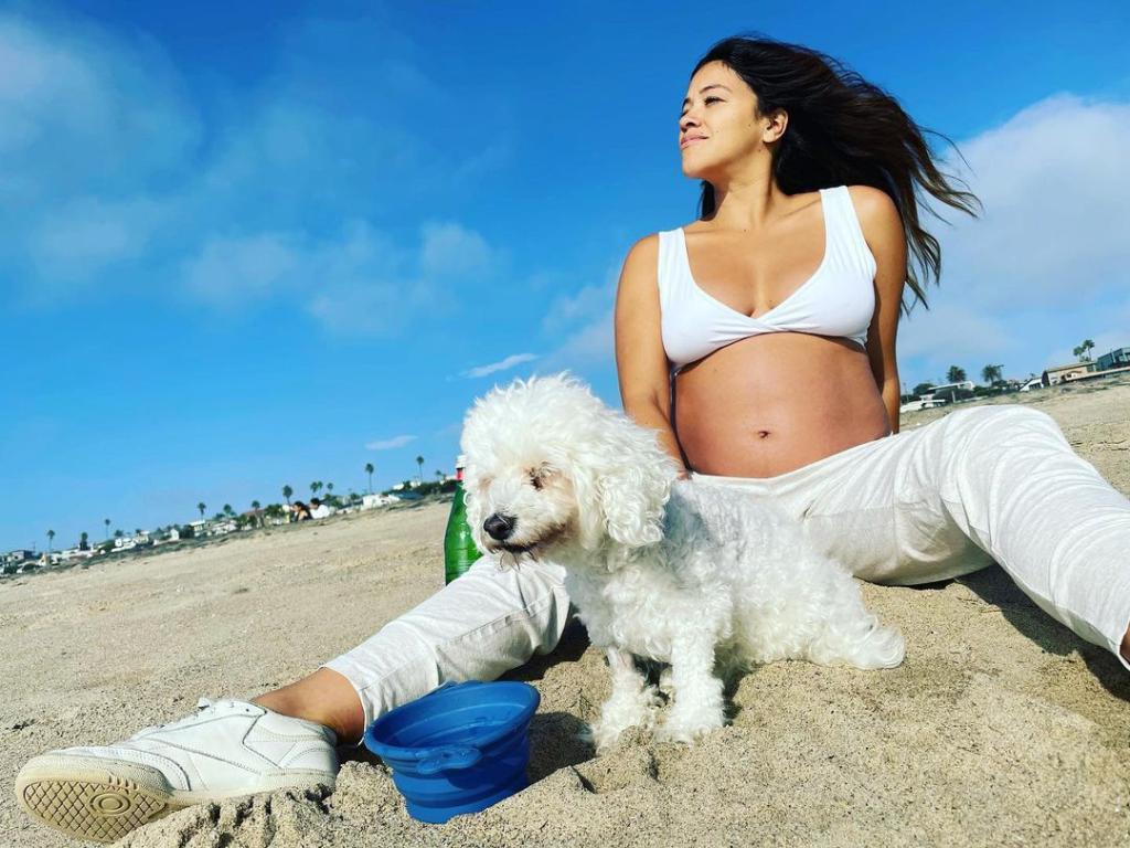 Gina Rodriguez shows baby bump on beach with dog