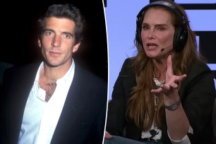 A split of John F. Kennedy Jr. in a suit and Brooke Shields talking on the "Howard Stern Show."