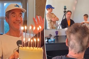 A split photo of Robert Downey Jr. blowing out candles and a photo of his kids shaving his head