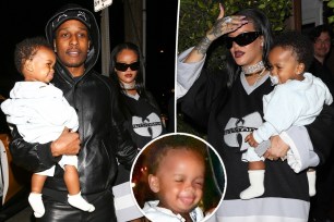 A split photo of Rihanna, ASAP ROcky and their baby and another photo of Rihanna holding her baby and a small photo of their baby
