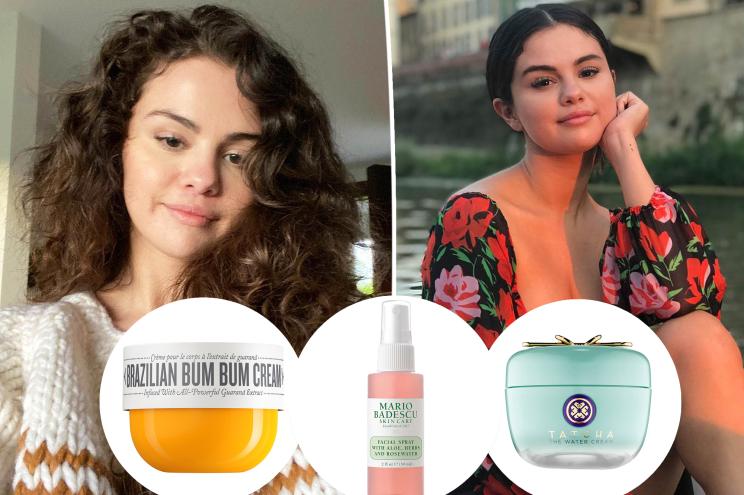 Selena Gomez with insets of skincare products