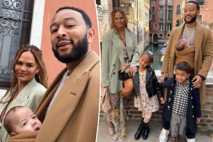 Chrissy Teigen with John Legend holding Esti in a baby carrier split with them and their three kids Esti, Miles and Luna.