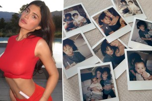 A split photo of a Kylie Jenner in a red outfit and another photo of the Polaroid pics