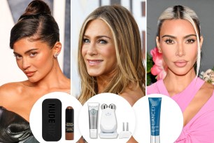 Kylie Jenner, Jennifer Aniston and Kim Kardashian with insets of beauty products