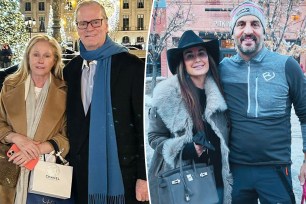 A split photo of Kathy and Rick Hilton posing together and Kyle Richards and Mauricio Umansky posing together