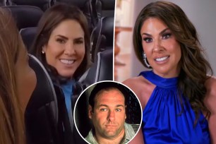 A split photo of Jennifer Fessler talking on "RHONJ," Jenn Fessler talking on a confessional and a small photo of James Gandolfini