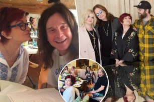 Ozzy Osbourne and Sharon Osbourne split with them and their kids with an inset of the couple with their grandkids.