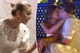 Raquel Leviss and Tom Schwartz kissing split image with Lala Kent.