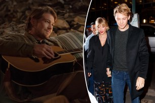 A split of Joe Alwyn in a scene from a movie and him holding hands with Taylor Swift.