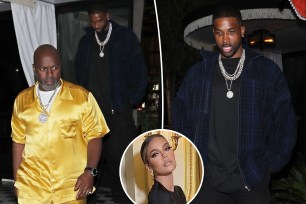 A split of photos of Tristan Thompson with Corey Gamble and solo and a photo of Khloé Kardashian in the inset.