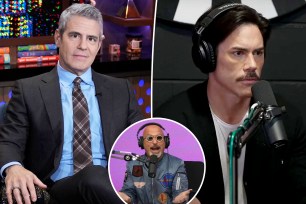 A split photo of Andy Cohen talking on "WWHL" and Tom Sandoval talking into a mic and a small photo of Howie Mandel talking into a mic