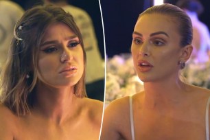 A split photo of Raquel Leviss talking on "Vanderpump Rules" and Lala Kent talking on "Vanderpump Rules"