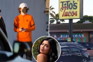 Kylie Jenner and Timothée Chalamet split image with taco restaurant.