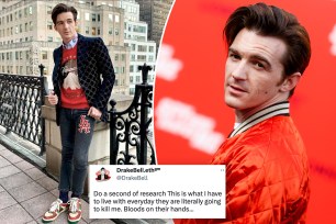 A split of photos of Drake Bell and one of his tweets in the inset.