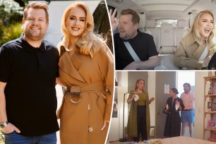 A split photo of James Corden and Adele posing together and a half photo of Adele and James Corden singing Carpool Karaoke and a half photo of Adele in a room