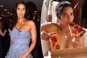 Padma Lakshmi in a dress split with her topless eating pizza.