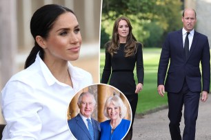 A split of Meghan Markle and a photo of Prince William and Kate Middleton holding hands and a photo of King Charles III and Queen Camilla in the inset.