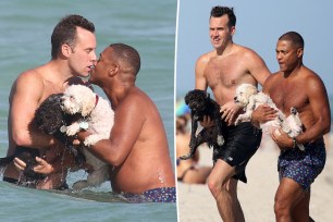Split screen of Don lemon kissing his husband Tim Malone in the water and Tim and Don holding dogs on right.