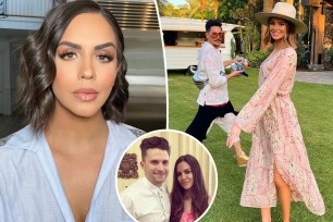 Katie Maloney poses in glam, split with Tom Sandoval and Raquel Leviss outdoors, as well as an inset of Maloney smiling with Tom Schwartz