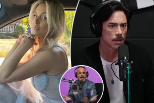 Lala Kent poses in dress, split with Tom Sandoval and Howie Mandel filming podcast episode