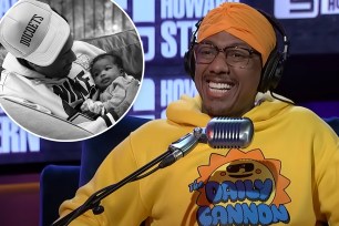 Nick Cannon talks into mic, as well as an inset of the actor holding daughter Onyx