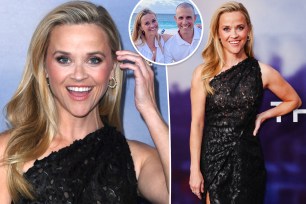 Reese Witherspoon smiles in black dress, with an inset of the actress posing with Jim Toth