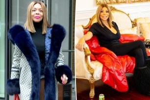 Split screen of Wendy Williams wearing black on the left and red coat on the right.