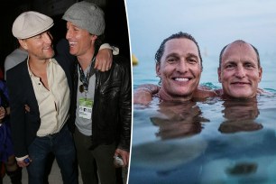 Woody Harrelson and Matthew McConaughey smile at each other, split with the actors swimming together