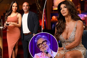 Melissa Gorga and Joe Gorga pose in formalwear, split with Teresa Giudice sitting on "WWHL" set, as well as Caroline Manzo speaking into mic