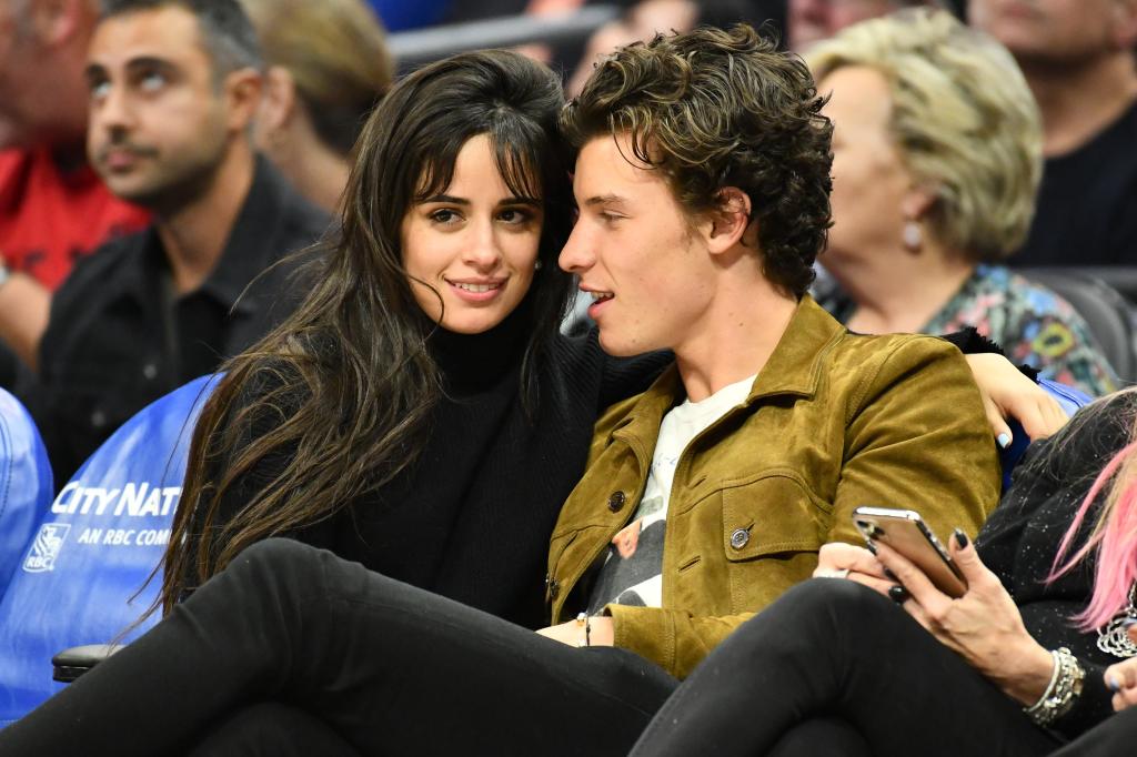 Shawn Mendes and Camilla Cabello sitting together at an NBA game.