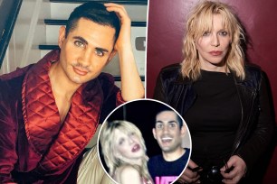 A composite of Courtney Love, Journalist Frank Elaridi and a photo of them together.