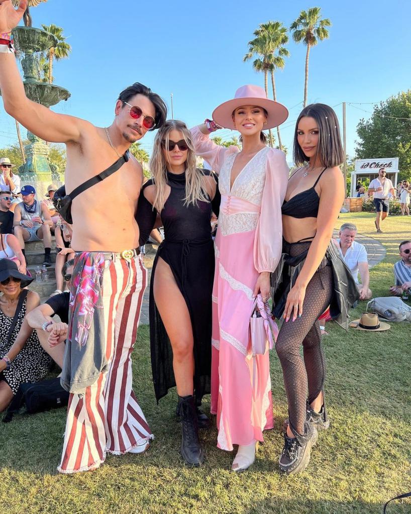 Scheana Shay, Ariana Madix, Raquel Leviss, Tom Sandoval posing at Coachella