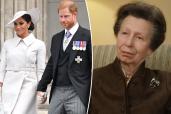 A split photo of Meghan Markle and Prince Harry walking walking and a screenshot of Princess Anne talking