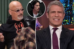 A split photo of Howie Mandel talking on a podcast and Andy Cohen talking on "WWHL" and a small photo of Tom Sandoval talking in a microphone